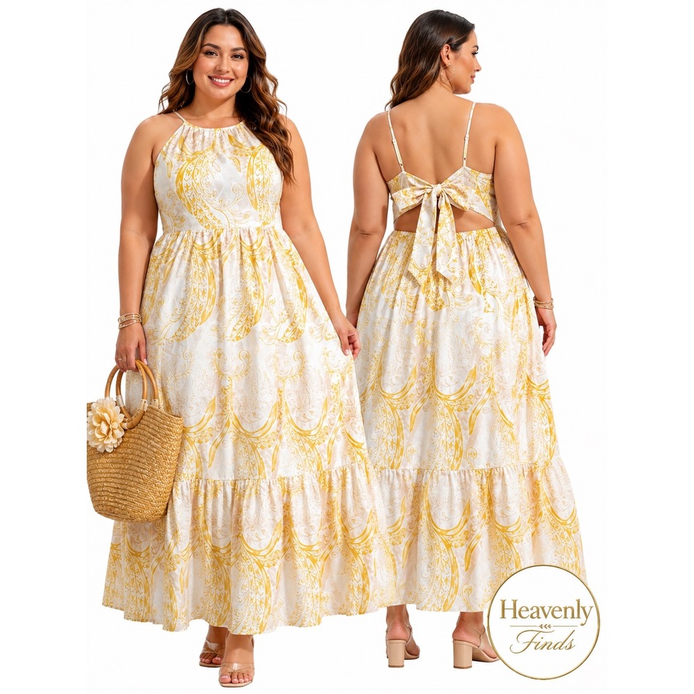 Yellow Embroidered Floral Halter Maxi Dress XXL Back Tie‎ Bow Summer Wedding NEW